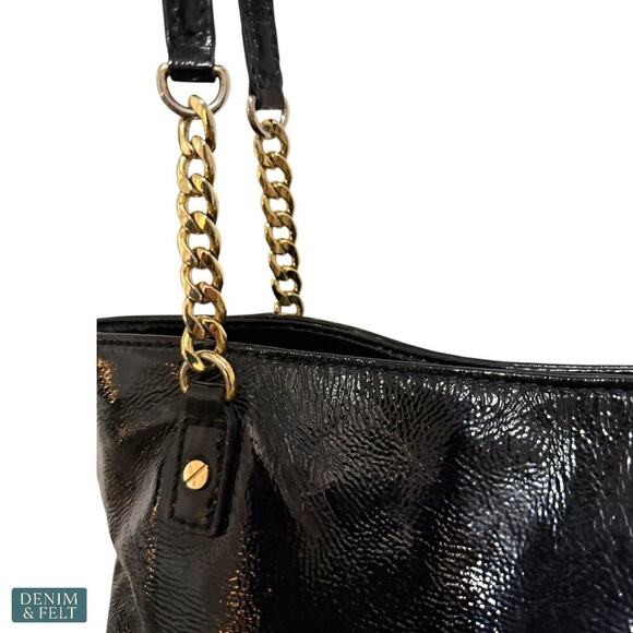 Michael Kors Black Patent Leather Tote Bag Gold Chain Shoulder Straps Large - Picture 4 of 13
